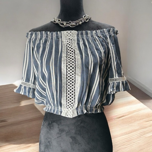 Ocean Drive Crop Top Med Peasant‎ Blue White Crochet  Boho  Cottagecore Romantic - Picture 1 of 8